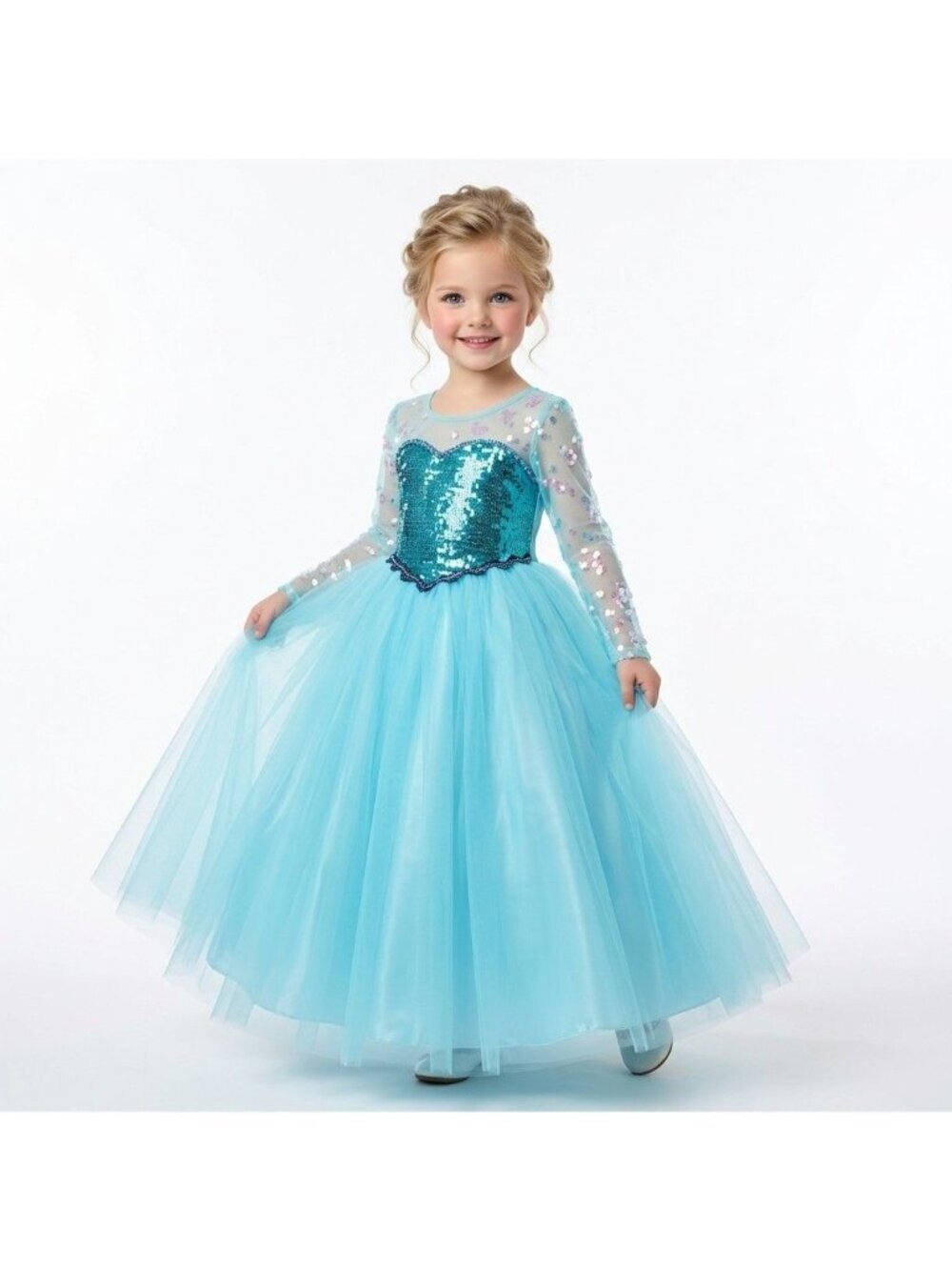 Girls Elsa Inspired Blue Sequin Princess Dress with Sparkle Cape